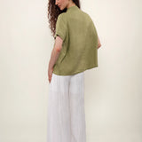 100% Linen Mandarin Collar Asymmetric Short Sleeve Blouse