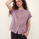 100% Linen Mandarin Collar Cap Sleeve Full Button Blouse