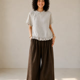 100% Linen Mandarin Collar Diagonal Button Ruffle Hem Blouse