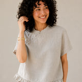 100% Linen Mandarin Collar Diagonal Button Ruffle Hem Blouse