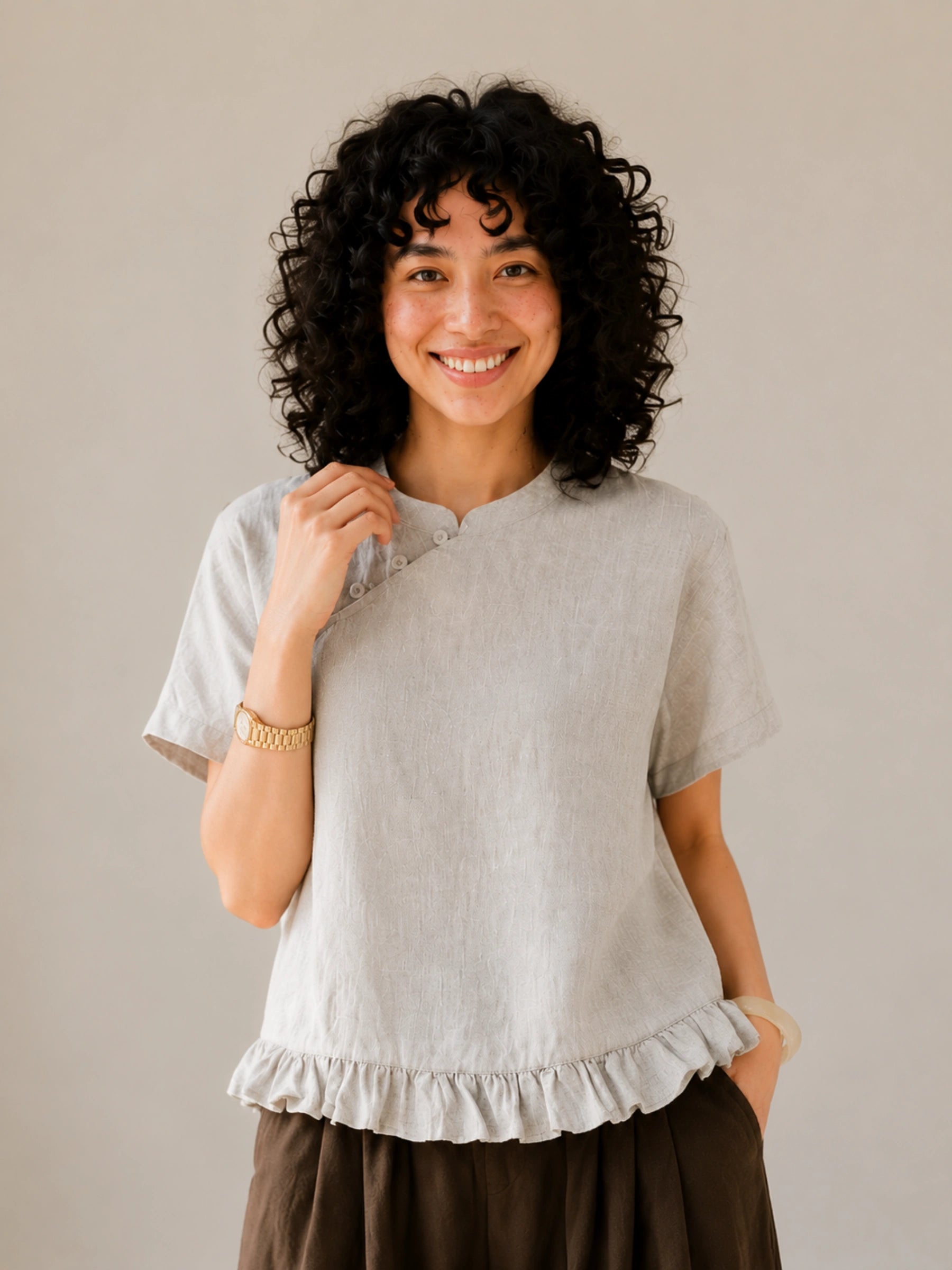 100% Linen Mandarin Collar Diagonal Button Ruffle Hem Blouse