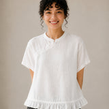 100% Linen Mandarin Collar Diagonal Button Ruffle Hem Blouse