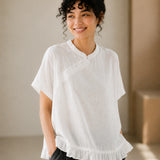 100% Linen Mandarin Collar Diagonal Button Ruffle Hem Blouse