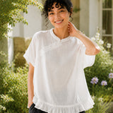 100% Linen Mandarin Collar Diagonal Button Ruffle Hem Blouse