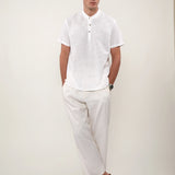 Linen Cotton Mandarin Collar Half Placket Side Slit Henley Shirt