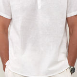 Linen Cotton Mandarin Collar Half Placket Side Slit Henley Shirt