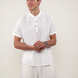 Linen Cotton Mandarin Collar Half Placket Side Slit Henley Shirt