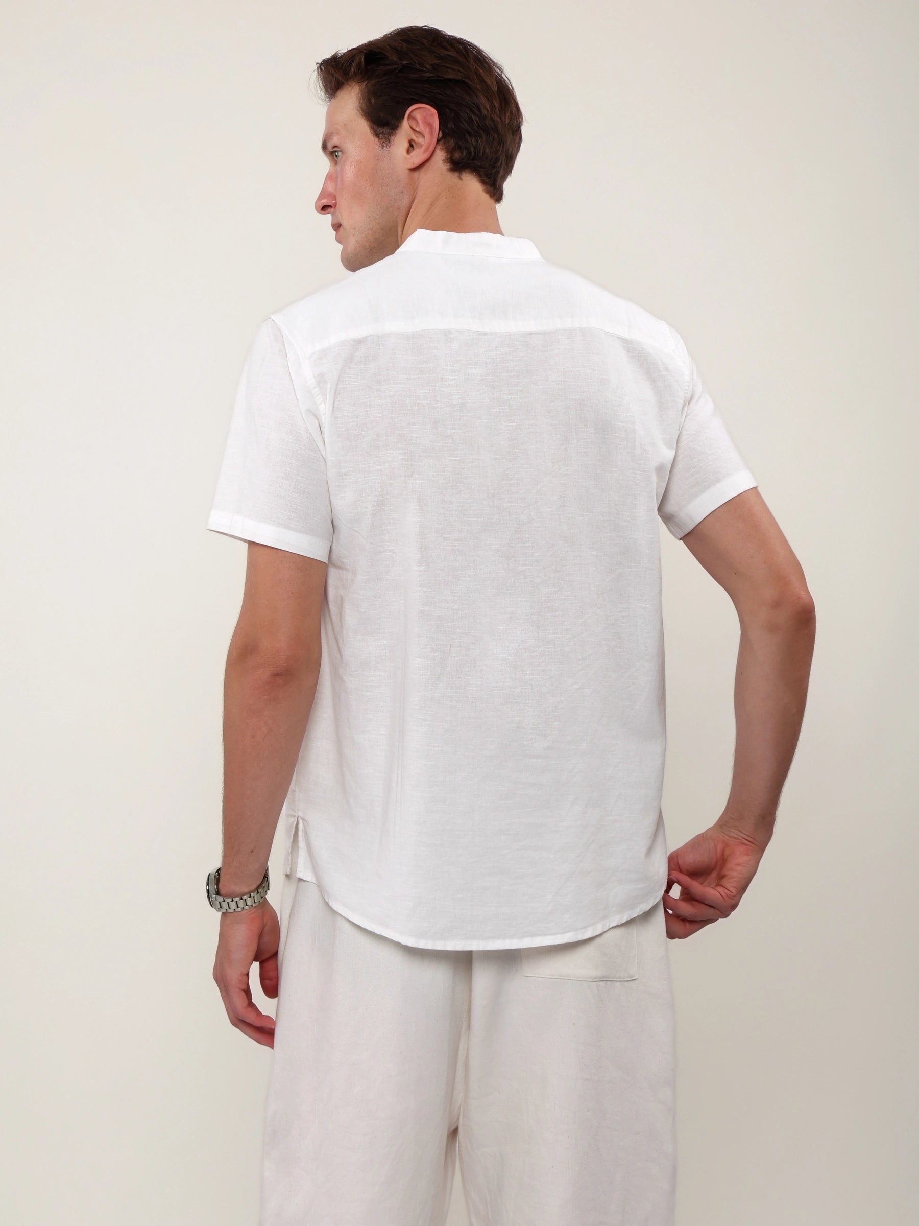 Linen Cotton Mandarin Collar Half Placket Side Slit Henley Shirt