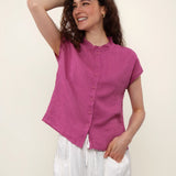 100% Linen Mandarin Frill Neck Full Button Blouse