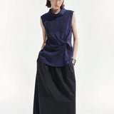 100% Linen Mock Neck Twist Waist Sleeveless Blouse