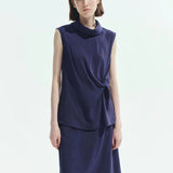 100% Linen Mock Neck Twist Waist Sleeveless Blouse