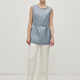 100% Linen Natural Hand-Beaded Shell Neckline Sleeveless Top with Waist Tie
