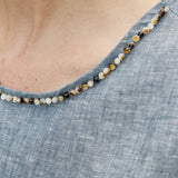 100% Linen Natural Hand-Beaded Shell Neckline Sleeveless Top with Waist Tie