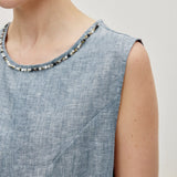100% Linen Natural Hand-Beaded Shell Neckline Sleeveless Top with Waist Tie