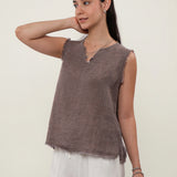 100% Linen Notch Neck Distressed Raw Fray Tank Top