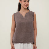 100% Linen Notch Neck Distressed Raw Fray Tank Top