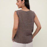 100% Linen Notch Neck Distressed Raw Fray Tank Top