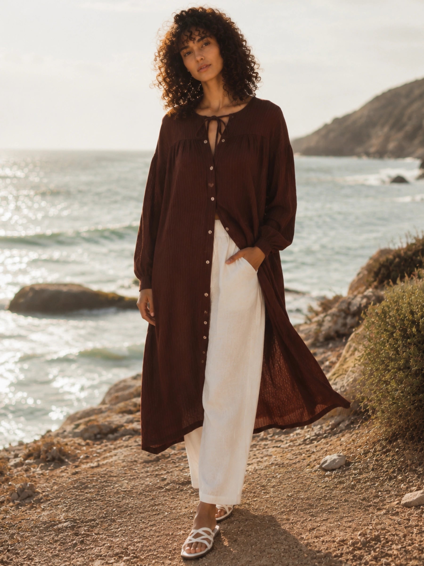 100% Linen Oversized Tie-Neck Maxi Shirt Dress