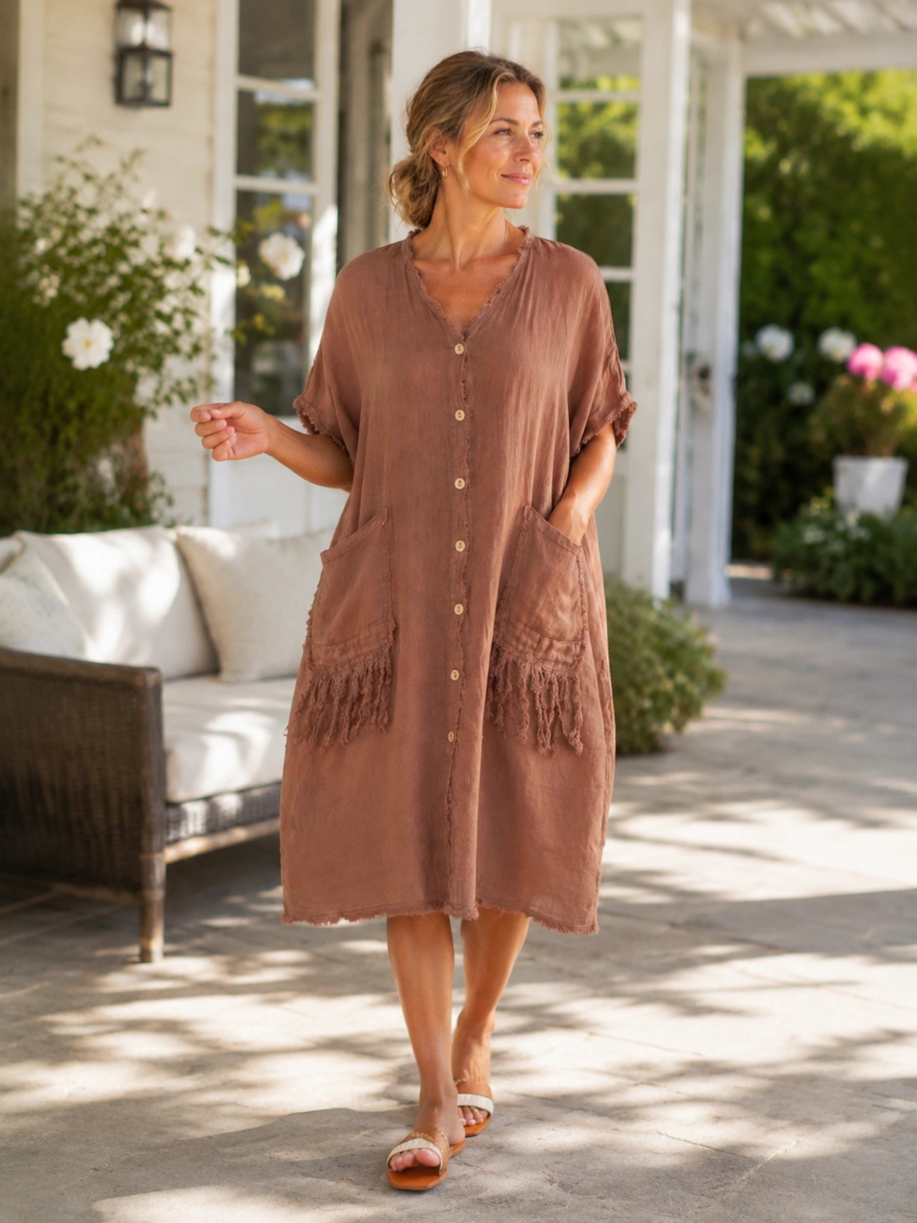 100% Linen Oversized V-Neck Button Front Maxi Dress
