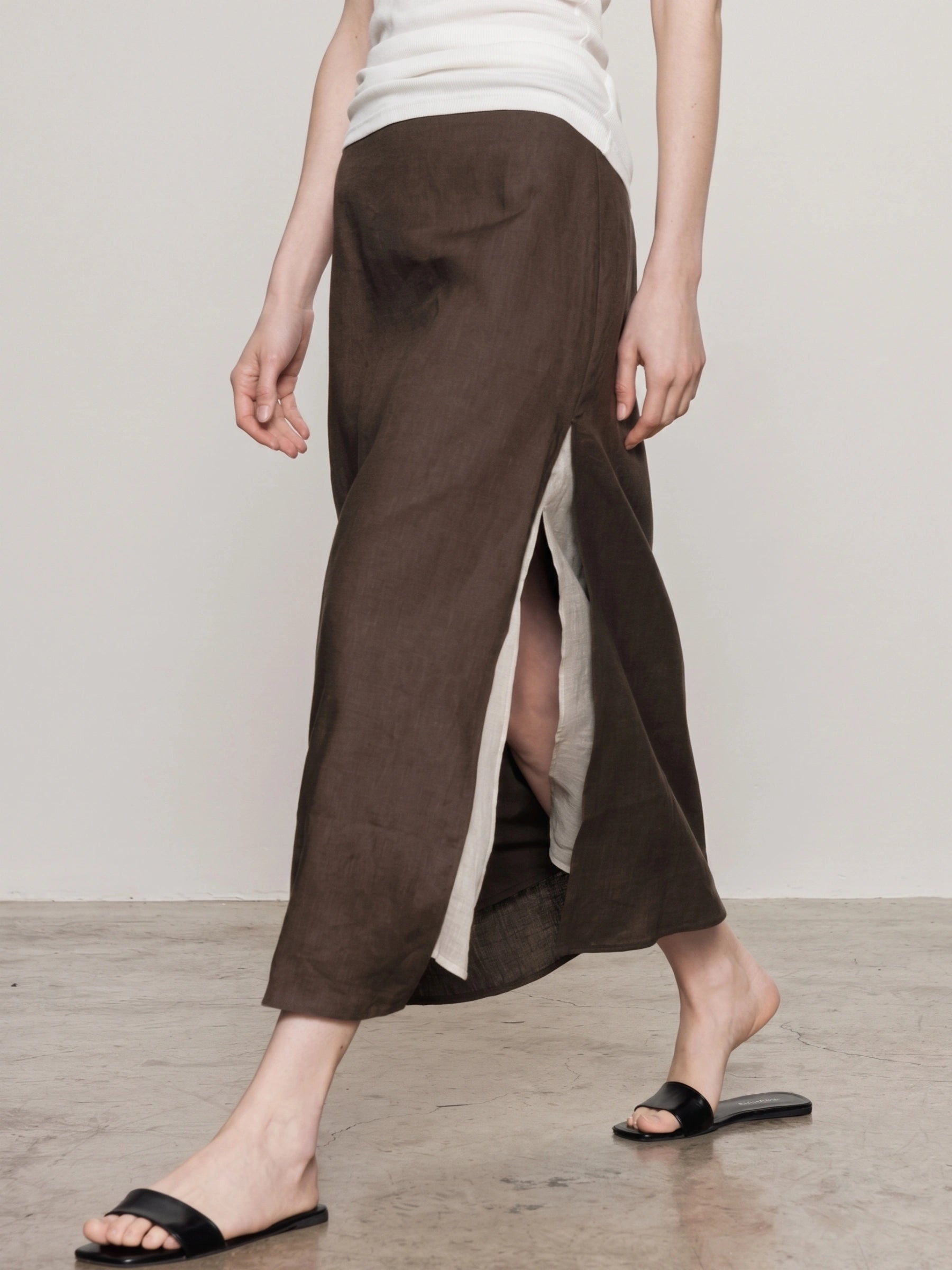 100% Linen Patchwork Side Slit Skirt