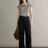 100% Linen Peter Pan Collar Ruffle Trim Blouse