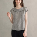 100% Linen Peter Pan Collar Ruffle Trim Blouse