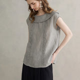 100% Linen Peter Pan Collar Ruffle Trim Blouse