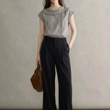 100% Linen Peter Pan Collar Ruffle Trim Blouse