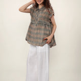 100% Linen Plaid Collar Half Button Blouse