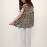 100% Linen Plaid Collar Half Button Blouse