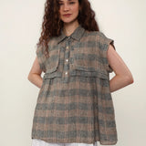 100% Linen Plaid Collar Half Button Blouse
