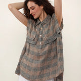 100% Linen Plaid Collar Half Button Blouse
