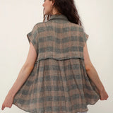 100% Linen Plaid Collar Half Button Blouse
