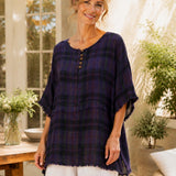 100% Linen Plaid Frayed Hem Blouse