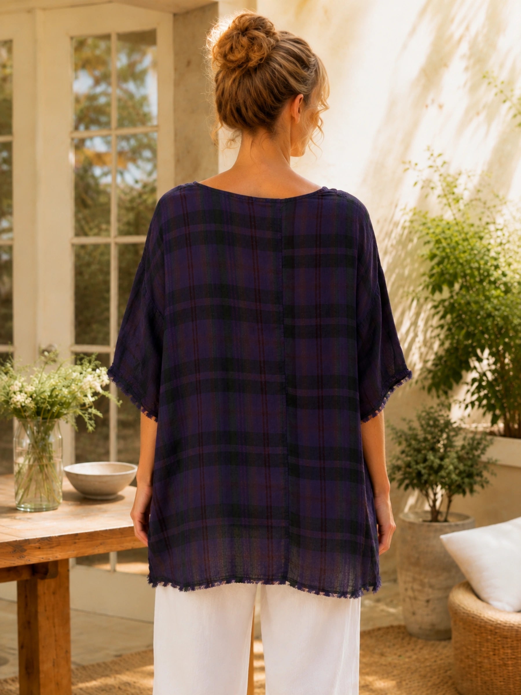 100% Linen Plaid Frayed Hem Blouse
