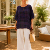 100% Linen Plaid Frayed Hem Blouse
