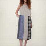 100% Linen Reversible Plaid Patchwork Sleeveless Midi Dress