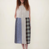 100% Linen Reversible Plaid Patchwork Sleeveless Midi Dress