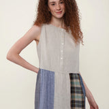 100% Linen Reversible Plaid Patchwork Sleeveless Midi Dress