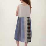 100% Linen Reversible Plaid Patchwork Sleeveless Midi Dress