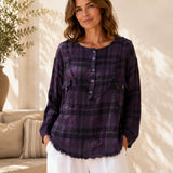 100% Linen Plaid Raw Edge Henley Long Sleeve Blouse
