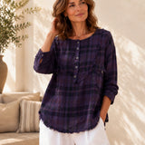 100% Linen Plaid Raw Edge Henley Long Sleeve Blouse