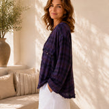 100% Linen Plaid Raw Edge Henley Long Sleeve Blouse