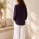 100% Linen Plaid Raw Edge Henley Long Sleeve Blouse