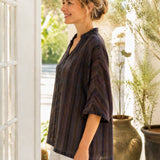 100% Linen Plaid V-neck 3/4 Sleeve Blouse
