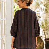 100% Linen Plaid V-neck 3/4 Sleeve Blouse