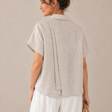 100% Linen Point-Collar Button-Front Relaxed Top
