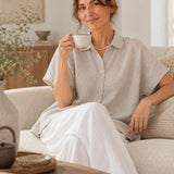 100% Linen Point-Collar Button-Front Relaxed Top