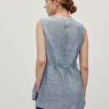 100% Linen Pullover Sleeveless Tank Top with Waist Rope