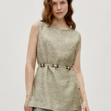 100% Linen Pullover Sleeveless Tank Top with Waist Rope